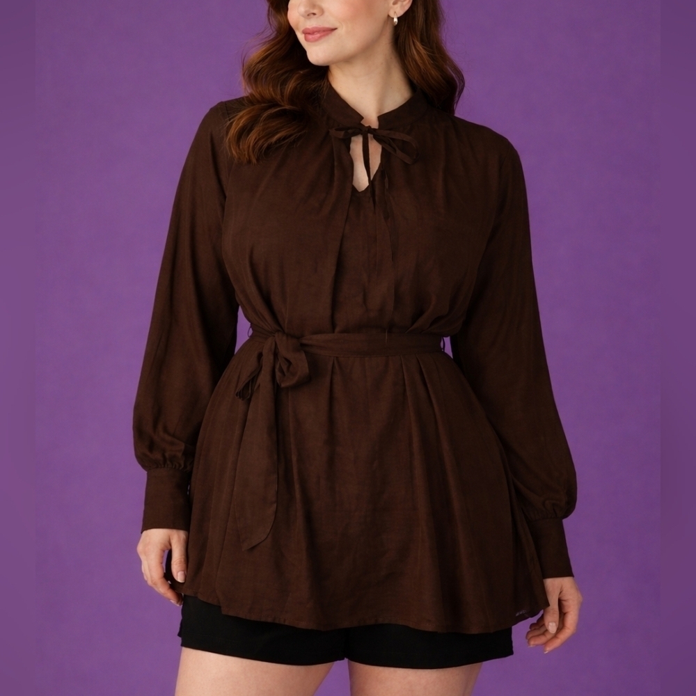 Vintage Chocolate Brown Keyhole Tie Waist Chiffon Tunic